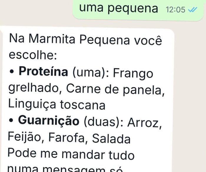A Lia explica o que o cliente escolhe na marmita pequena.